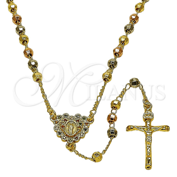 Oro Laminado Thin Rosary, Gold Filled Style San Judas and Crucifix Design, with Multicolor Micro Pave, Diamond Cutting Finish, Tricolor, 09.469.0004.24