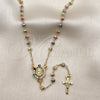 Oro Laminado Thin Rosary, Gold Filled Style Guadalupe and Crucifix Design, with Multicolor and White Cubic Zirconia, Diamond Cutting Finish, Tricolor, 09.469.0005.22