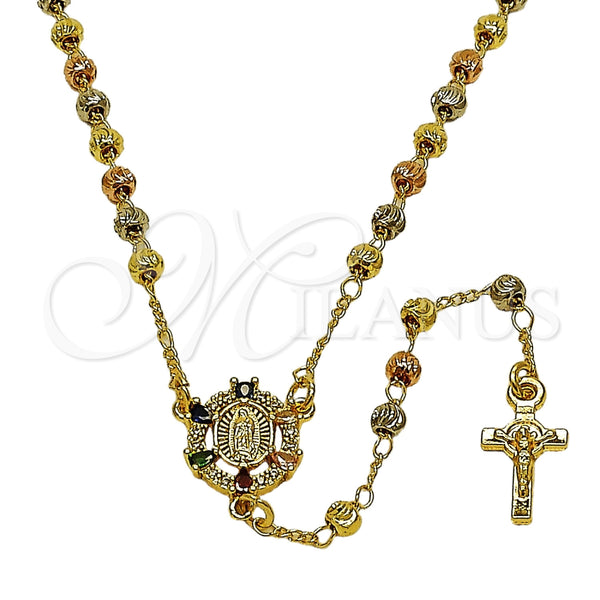 Oro Laminado Thin Rosary, Gold Filled Style Guadalupe and Crucifix Design, with Multicolor and White Cubic Zirconia, Diamond Cutting Finish, Tricolor, 09.469.0005.22
