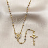 Oro Laminado Thin Rosary, Gold Filled Style Guadalupe and Crucifix Design, with White Cubic Zirconia, Diamond Cutting Finish, Tricolor, 09.469.0006.24