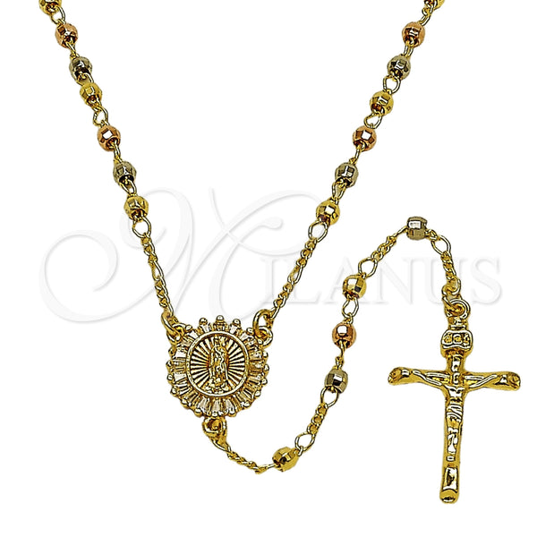 Oro Laminado Thin Rosary, Gold Filled Style Guadalupe and Crucifix Design, with White Cubic Zirconia, Diamond Cutting Finish, Tricolor, 09.469.0006.24