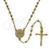Oro Laminado Thin Rosary, Gold Filled Style Guadalupe and Crucifix Design, with White Cubic Zirconia, Diamond Cutting Finish, Tricolor, 09.469.0006.24