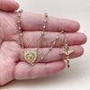 Oro Laminado Thin Rosary, Gold Filled Style Guadalupe and Crucifix Design, with White Cubic Zirconia, Diamond Cutting Finish, Tricolor, 09.469.0008.24
