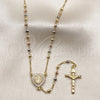 Oro Laminado Thin Rosary, Gold Filled Style Guadalupe and Crucifix Design, with White Cubic Zirconia, Diamond Cutting Finish, Tricolor, 09.469.0008.24