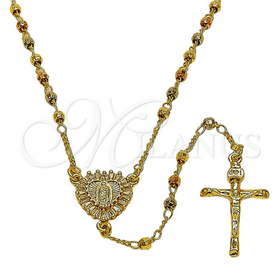 Oro Laminado Thin Rosary, Gold Filled Style Guadalupe and Crucifix Design, with White Cubic Zirconia, Diamond Cutting Finish, Tricolor, 09.469.0008.24