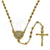 Oro Laminado Thin Rosary, Gold Filled Style Guadalupe and Crucifix Design, with White Cubic Zirconia, Diamond Cutting Finish, Tricolor, 09.469.0008.24