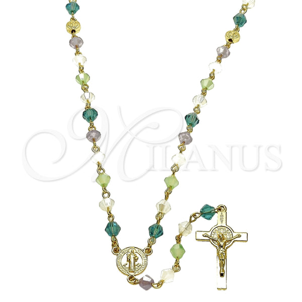 Oro Laminado Medium Rosary, Gold Filled Style San Benito and Crucifix Design, with Multicolor Crystal, Polished, Golden Finish, 09.469.0009.28