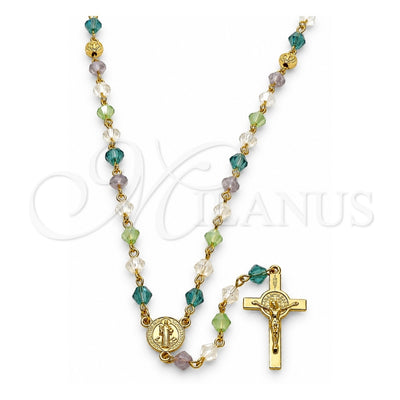 Oro Laminado Medium Rosary, Gold Filled Style San Benito and Crucifix Design, with Multicolor Crystal, Polished, Golden Finish, 09.469.0009.28