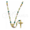 Oro Laminado Medium Rosary, Gold Filled Style San Benito and Crucifix Design, with Multicolor Crystal, Polished, Golden Finish, 09.469.0009.28