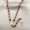 Oro Laminado Medium Rosary, Gold Filled Style San Benito and Crucifix Design, with Multicolor Crystal, Polished, Golden Finish, 09.469.0009.1.28