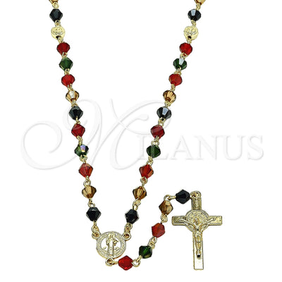 Oro Laminado Medium Rosary, Gold Filled Style San Benito and Crucifix Design, with Multicolor Crystal, Polished, Golden Finish, 09.469.0009.1.28