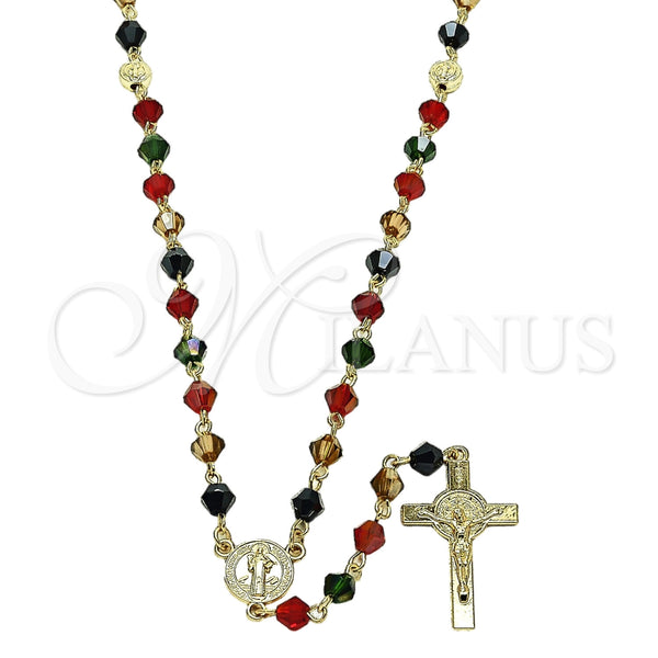 Oro Laminado Medium Rosary, Gold Filled Style San Benito and Crucifix Design, with Multicolor Crystal, Polished, Golden Finish, 09.469.0009.1.28