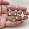 Oro Laminado Medium Rosary, Gold Filled Style San Benito and Crucifix Design, with Ivory Crystal, Polished, Golden Finish, 09.469.0009.2.26