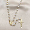 Oro Laminado Medium Rosary, Gold Filled Style San Benito and Crucifix Design, with Ivory Crystal, Polished, Golden Finish, 09.469.0009.2.26