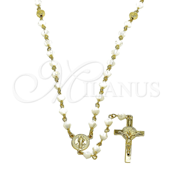 Oro Laminado Medium Rosary, Gold Filled Style San Benito and Crucifix Design, with Ivory Crystal, Polished, Golden Finish, 09.469.0009.2.26