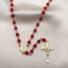 Oro Laminado Medium Rosary, Gold Filled Style San Benito and Crucifix Design, with Siam Crystal, Polished, Golden Finish, 09.469.0009.3.28