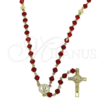 Oro Laminado Medium Rosary, Gold Filled Style San Benito and Crucifix Design, with Siam Crystal, Polished, Golden Finish, 09.469.0009.3.28