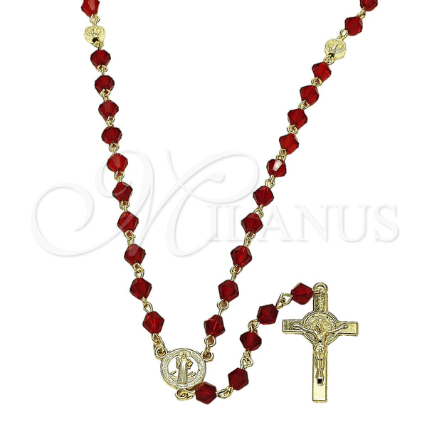 Oro Laminado Medium Rosary, Gold Filled Style San Benito and Crucifix Design, with Siam Crystal, Polished, Golden Finish, 09.469.0009.3.28