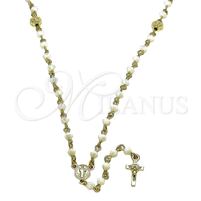 Oro Laminado Thin Rosary, Gold Filled Style San Benito and Crucifix Design, with Ivory Crystal, Polished, Golden Finish, 09.469.0010.22