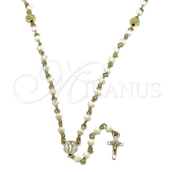 Oro Laminado Thin Rosary, Gold Filled Style San Benito and Crucifix Design, with Ivory Crystal, Polished, Golden Finish, 09.469.0010.22