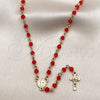 Oro Laminado Thin Rosary, Gold Filled Style San Benito and Crucifix Design, with Siam Crystal, Polished, Golden Finish, 09.469.0010.1.22