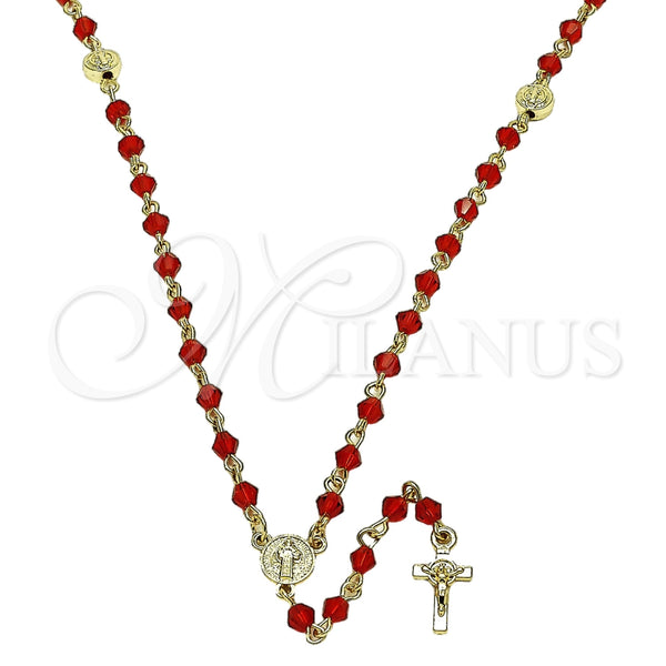 Oro Laminado Thin Rosary, Gold Filled Style San Benito and Crucifix Design, with Siam Crystal, Polished, Golden Finish, 09.469.0010.1.22