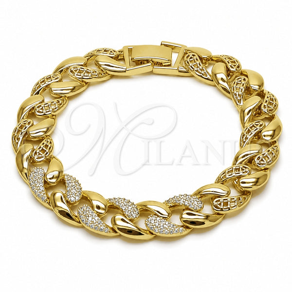Oro Laminado Tennis Bracelet, Gold Filled Style Miami Cuban Design, with White Micro Pave, Polished, Golden Finish, 03.284.0068.07 (Thickness, 8 Inches Length)