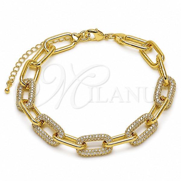 Oro Laminado Fancy Bracelet, Gold Filled Style Paperclip Design, with White Micro Pave, Polished, Golden Finish, 03.284.0070.08 (Thickness, 8 Inches Length)
