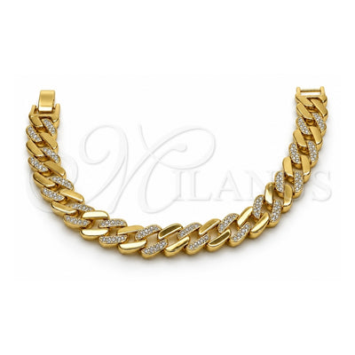 Oro Laminado Tennis Bracelet, Gold Filled Style Miami Cuban Design, with White Micro Pave, Polished, Golden Finish, 03.284.0071.07 (Thickness, 7 Inches Length)