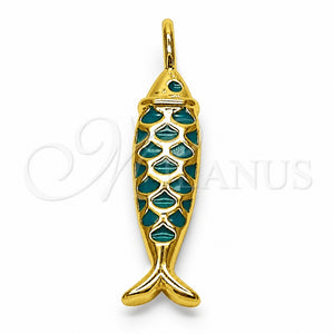 Oro Laminado Fancy Pendant, Gold Filled Style Fish Design, Turquoise Enamel Finish, Golden Finish, 05.459.0075