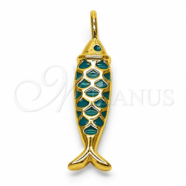 Oro Laminado Fancy Pendant, Gold Filled Style Fish Design, Turquoise Enamel Finish, Golden Finish, 05.459.0075