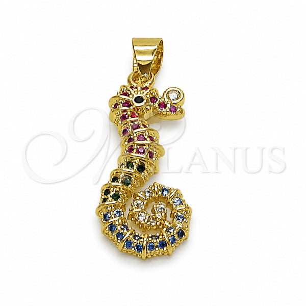 Oro Laminado Fancy Pendant, Gold Filled Style Seahorse Design, with Multicolor Micro Pave, Polished, Golden Finish, 05.459.0077