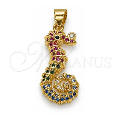 Oro Laminado Fancy Pendant, Gold Filled Style Seahorse Design, with Multicolor Micro Pave, Polished, Golden Finish, 05.459.0077