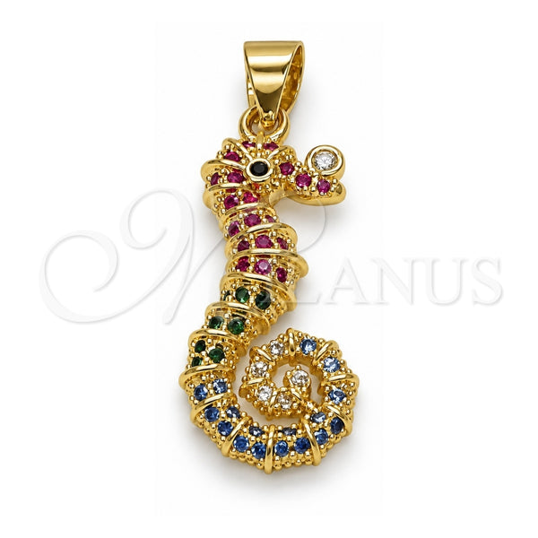 Oro Laminado Fancy Pendant, Gold Filled Style Seahorse Design, with Multicolor Micro Pave, Polished, Golden Finish, 05.459.0077