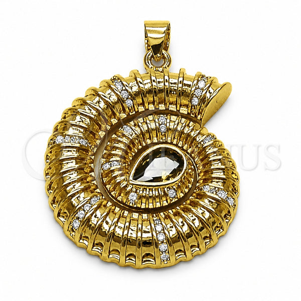 Oro Laminado Fancy Pendant, Gold Filled Style Snail and Teardrop Design, with Dark Peridot Cubic Zirconia and White Micro Pave, Polished, Golden Finish, 05.459.0080