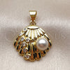 Oro Laminado Fancy Pendant, Gold Filled Style Shell Design, with White Cubic Zirconia and Ivory Pearl, Polished, Golden Finish, 05.459.0081