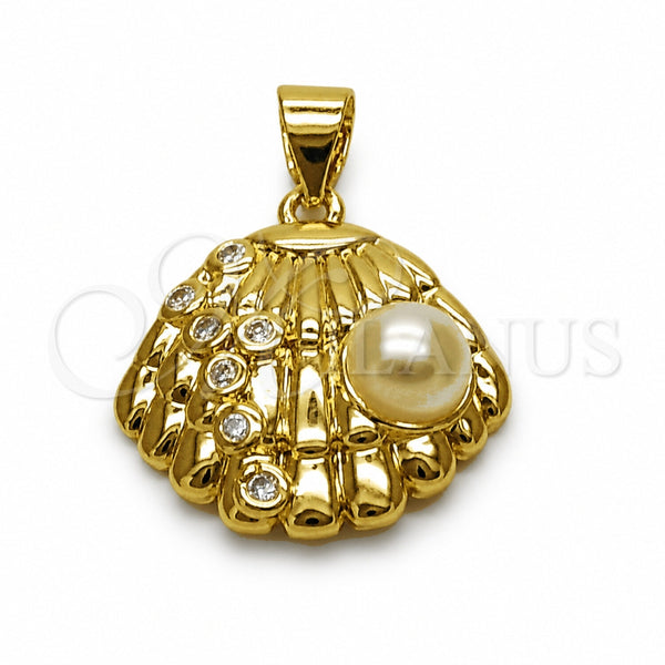Oro Laminado Fancy Pendant, Gold Filled Style Shell Design, with White Cubic Zirconia and Ivory Pearl, Polished, Golden Finish, 05.459.0081
