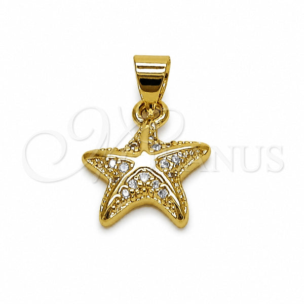 Oro Laminado Fancy Pendant, Gold Filled Style Star and Fish Design, with White Micro Pave, Polished, Golden Finish, 05.459.0083