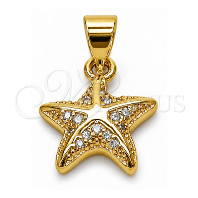Oro Laminado Fancy Pendant, Gold Filled Style Star and Fish Design, with White Micro Pave, Polished, Golden Finish, 05.459.0083
