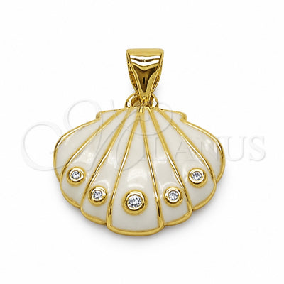 Oro Laminado Fancy Pendant, Gold Filled Style Shell Design, with White Cubic Zirconia, White Enamel Finish, Golden Finish, 05.459.0084
