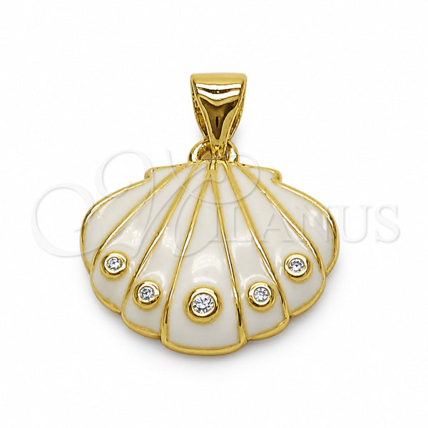 Oro Laminado Fancy Pendant, Gold Filled Style Shell Design, with White Cubic Zirconia, White Enamel Finish, Golden Finish, 05.459.0084