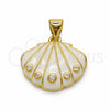 Oro Laminado Fancy Pendant, Gold Filled Style Shell Design, with White Cubic Zirconia, White Enamel Finish, Golden Finish, 05.459.0084