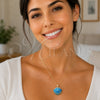 Oro Laminado Fancy Pendant, Gold Filled Style Shell Design, with White Cubic Zirconia, Turquoise Enamel Finish, Golden Finish, 05.459.0084.1
