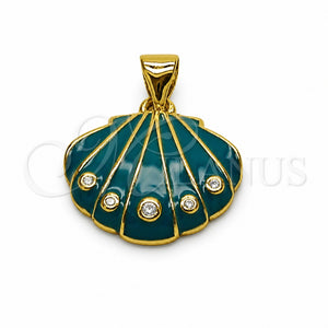 Oro Laminado Fancy Pendant, Gold Filled Style Shell Design, with White Cubic Zirconia, Turquoise Enamel Finish, Golden Finish, 05.459.0084.1