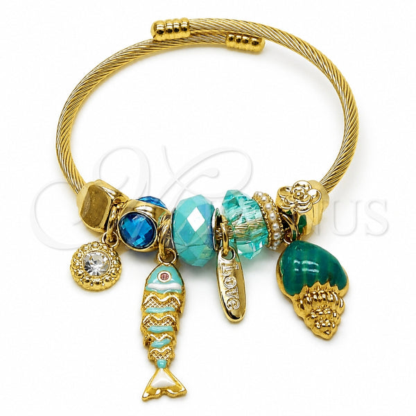 Stainless Steel Individual Bangle, Fish and Snail Design, with Indicolite and Crystal Crystal, Turquoise Enamel Finish, Golden Finish, 07.464.0059 (03 MM Thickness, One size fits all)