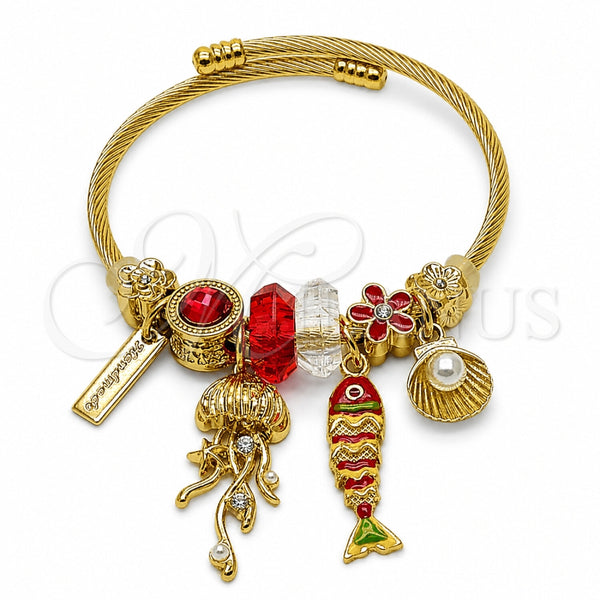 Stainless Steel Individual Bangle, Fish and Shell Design, with Siam and Crystal Crystal, Red Enamel Finish, Golden Finish, 07.464.0060 (03 MM Thickness, One size fits all)