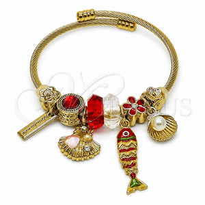 Stainless Steel Individual Bangle, Fish and Shell Design, with Siam and Crystal Crystal, Red Enamel Finish, Golden Finish, 07.464.0061 (03 MM Thickness, One size fits all)