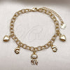 Oro Laminado Charm Bracelet, Gold Filled Style Heart and Snail Design, with White Micro Pave, Diamond Cutting Finish, Golden Finish, 03.282.0015.07 (Thickness, 7 Inches Length)