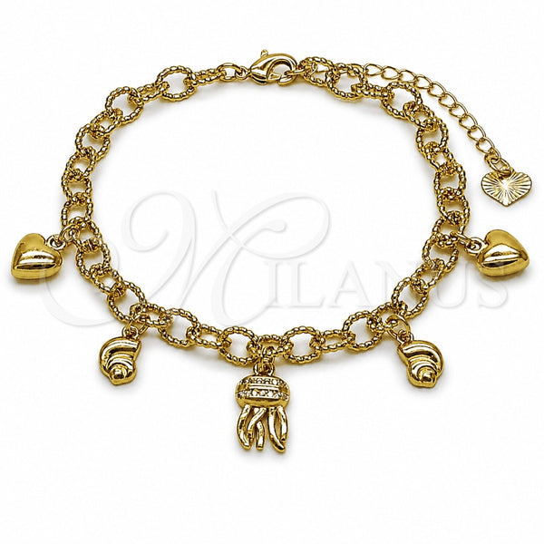 Oro Laminado Charm Bracelet, Gold Filled Style Heart and Snail Design, with White Micro Pave, Diamond Cutting Finish, Golden Finish, 03.282.0015.07 (Thickness, 7 Inches Length)
