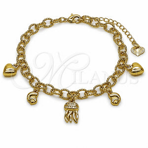 Oro Laminado Charm Bracelet, Gold Filled Style Heart and Snail Design, with White Micro Pave, Diamond Cutting Finish, Golden Finish, 03.282.0015.07 (Thickness, 7 Inches Length)